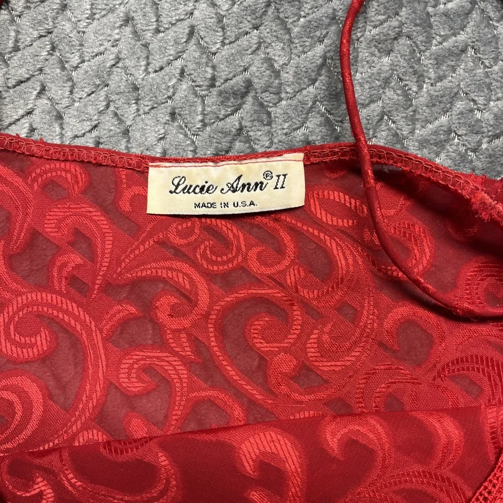 Lucie Ann Nightgown Red Brocade Small Slip Sheer Embroidered‎ Strappy Vintage